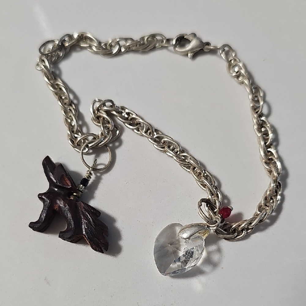 Silver Chain Bracelet with Heart and Leaf Charms